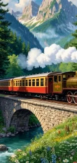 Vintage train on a scenic mountain bridge.