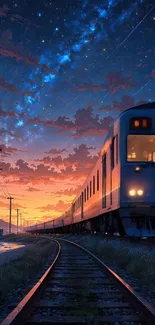 Train journey at sunset with stars in the sky, perfect mobile wallpaper.