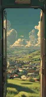 Scenic view from a train door showing countryside landscape.