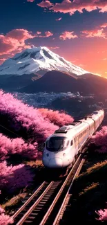 Train travels through cherry blossoms with mountain and sunset backdrop.