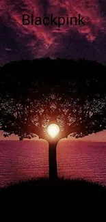 Silhouetted tree against purple sunset sky.