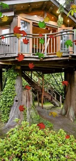 Serene treehouse nestled in lush green forest landscape.