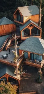 Aerial view of scenic treehouse cabins in lush forest setting.