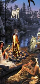 Tribal campfire scene with wolves by a lake.