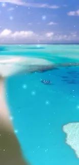 Tropical beach with turquoise waters and a distant horizon.