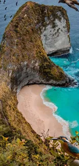 Breathtaking tropical beach with turquoise waters and birds flying overhead.