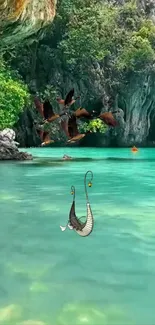 Scenic view of a lagoon with cliffs and flying birds.