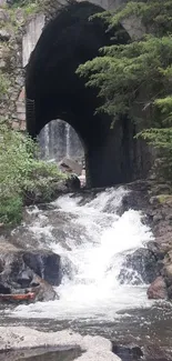 Serene waterfall under a stone tunnel surrounded by lush greenery.