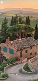 Tuscan sunset with hills and cypress trees dominating the serene landscape.