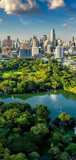 Urban skyline with lush green park and tranquil lake.