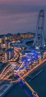 A beautiful aerial view of a vibrant city skyline at night with bright lights.