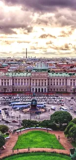 Scenic cityscape with dramatic skies over historic buildings.