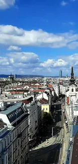 Urban skyline with blue sky and historic architecture.