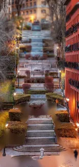 Scenic urban steps with warm lighting in city landscape.