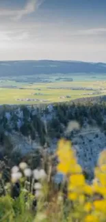 A beautiful mountain panorama with green valleys and wildflowers in the foreground.