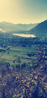 Serene valley with mountain landscape under soft light.