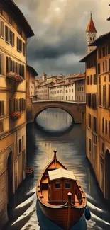 Artistic depiction of a Venetian canal with a boat navigating through historic architecture.