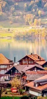 Tranquil village by a serene lake in autumn.