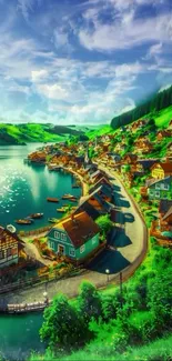 Picturesque village by a serene lake with vibrant green hills and blue sky.