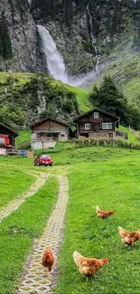 Village backdrop with waterfall and greenery.