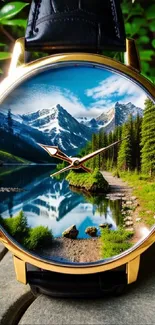 Scenic mountain landscape in a unique watch face on a mobile wallpaper.