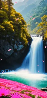 Vibrant waterfall in a lush forest with pink flower foreground.