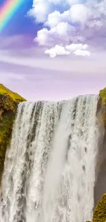 Waterfall with rainbow under a cloudy sky