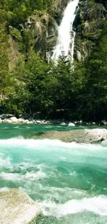 Serene turquoise river with a cascading waterfall and lush greenery.