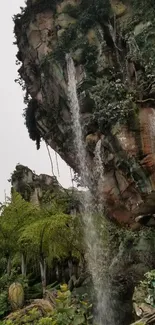 Majestic cliff with cascading waterfalls and green landscape.