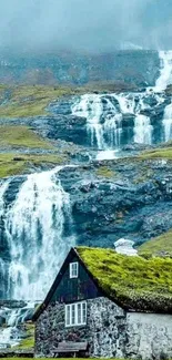 A tranquil scene of a rustic cottage set by cascading waterfalls and green hills.