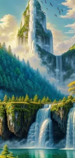 Beautiful fantasy landscape with waterfalls and mountains.