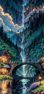 Magical waterfall in lush forest with cottage and bridge, serene mobile wallpaper.