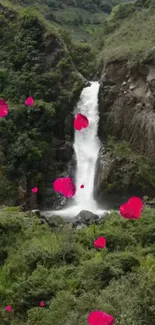 Romantic waterfall with pink hearts in lush nature.