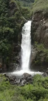 Waterfall surrounded by lush greenery and rocky landscape suitable for mobile wallpaper.