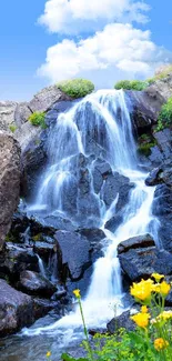 Waterfall cascading over rocks with wildflowers in foreground.