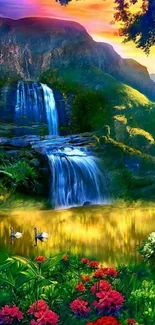 Vibrant nature wallpaper with waterfall and flowers.