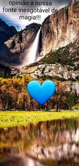 Scenic waterfall with heart on a serene landscape.