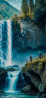 Scenic waterfall with lush greenery and misty atmosphere in landscape wallpaper.