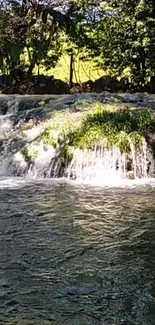 Scenic waterfall with lush greenery on a bright sunny day.