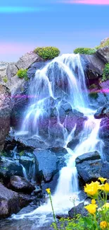 Waterfall over rocks with flowers under a pink and blue sky.