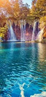 Beautiful waterfall and turquoise pool in a sunlit forest setting.