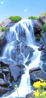 A picturesque waterfall cascading down rocks surrounded by greenery.