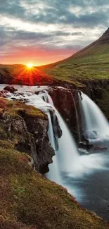 Beautiful sunrise over waterfall with lush greenery and vibrant sky.