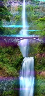 Scenic waterfall with bridge and light streaks.