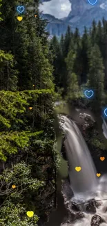 Waterfall with forest and colorful hearts.