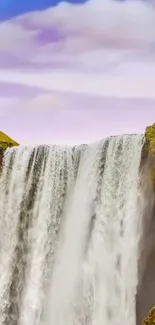 Majestic waterfall with a vibrant rainbow overhead, against a blue sky backdrop.