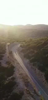 Winding road through lush greenery at sunset, captured from above.