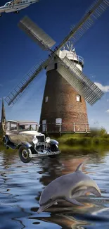 Vintage car, windmill, dolphin, and helicopter in a surreal artistic scene.