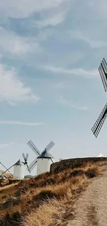 Beautiful landscape with windmills and blue sky wallpaper.