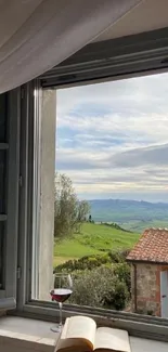 Open window showing a lush landscape view.